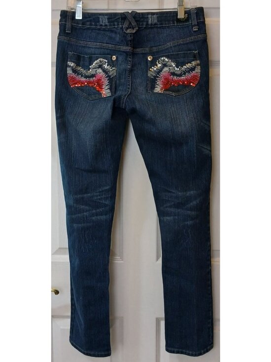 Akademiks Denim - Akademiks Womens Sz 8 Embellished Skinny Jeans Sequin Back Pockets Dark Wash *N3
